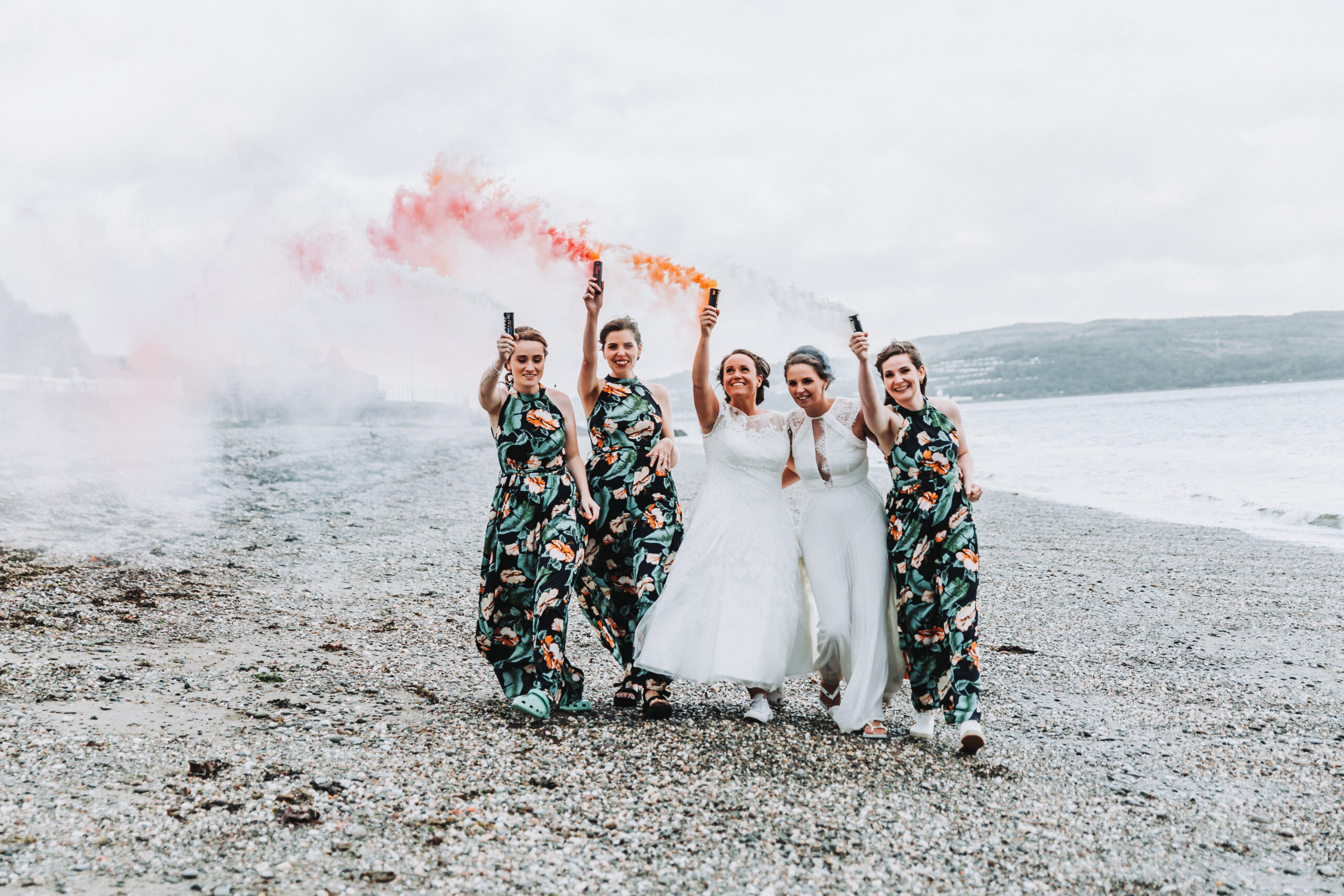 bridal party walking on Dunoon beach
