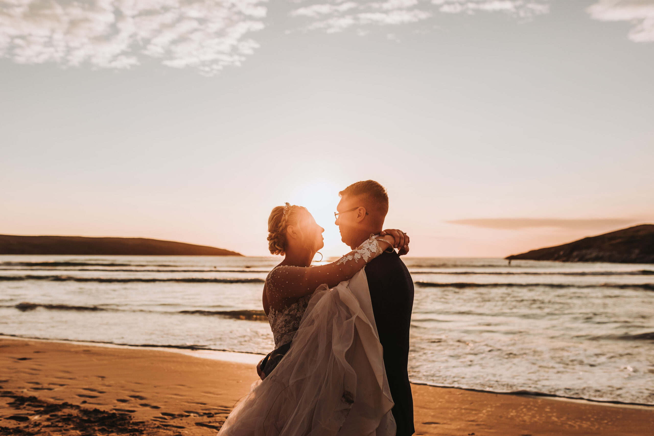 bride and groom at cornish beach
