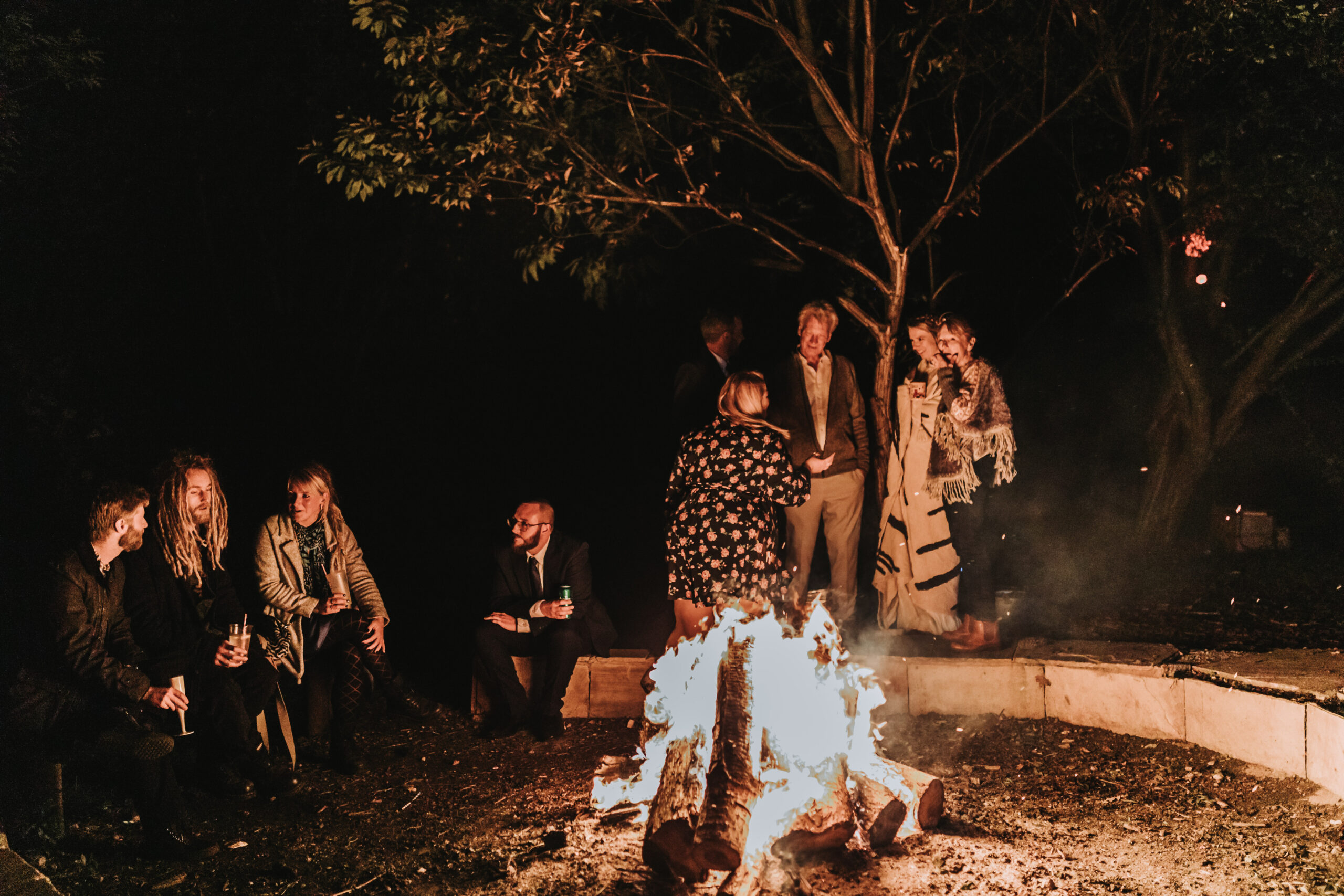 campfire at woodland wedding