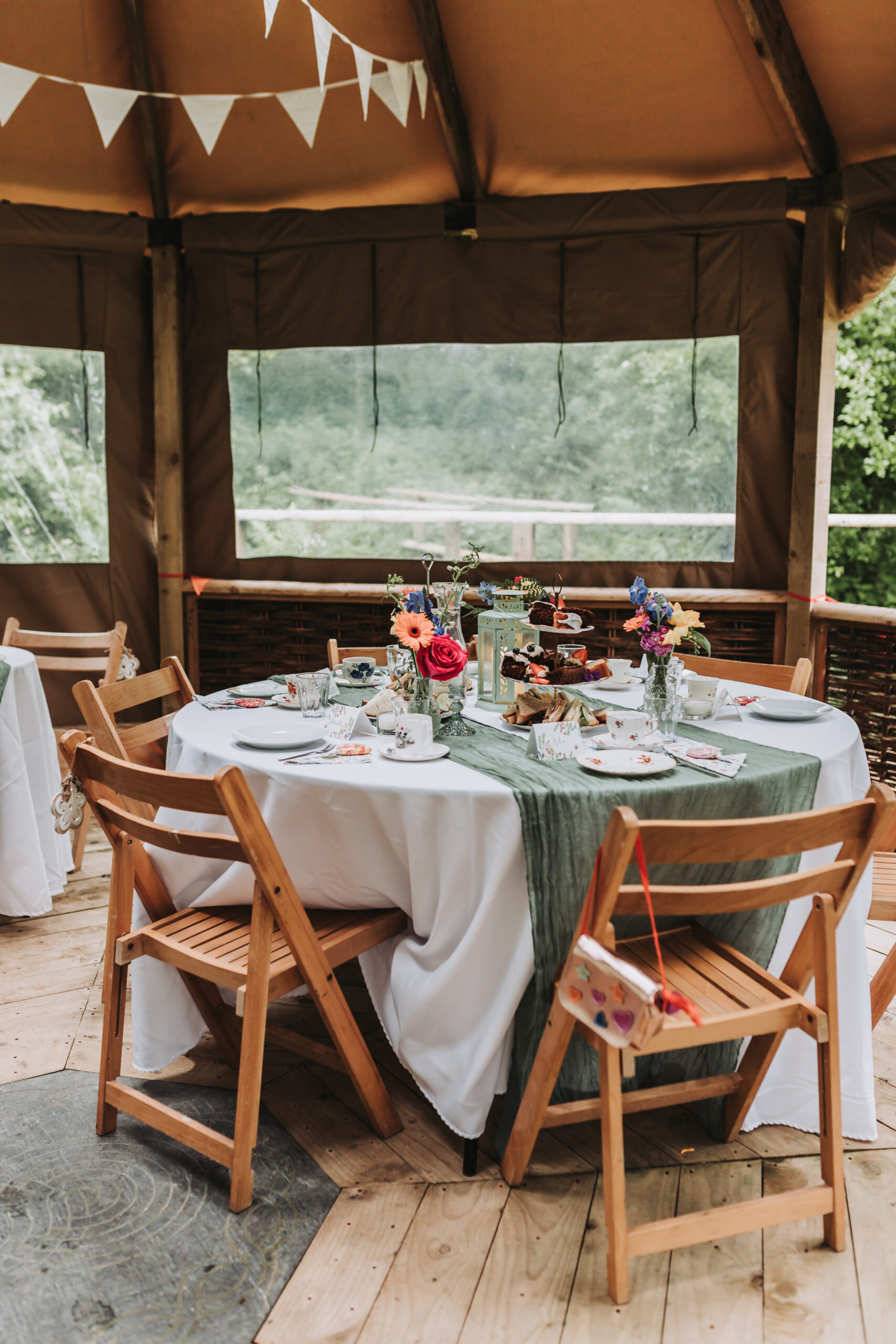 wedding breakfast set up at cornish tipi
