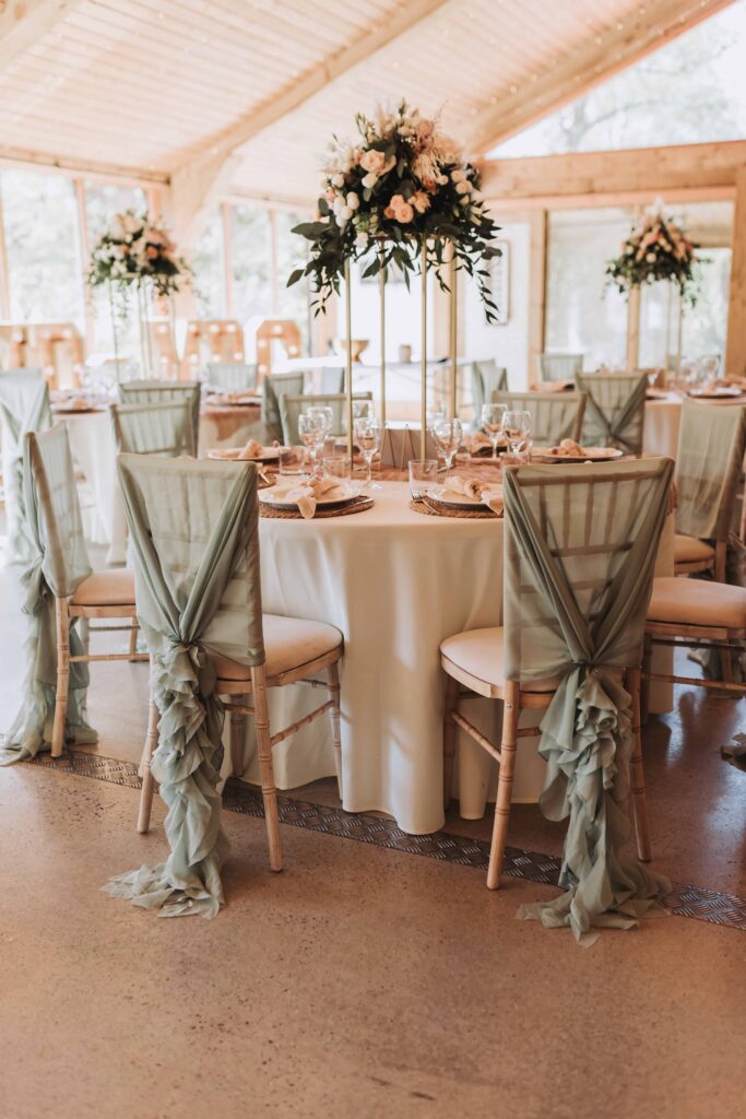 chairs at wedding breakfast set up at chycara wedding