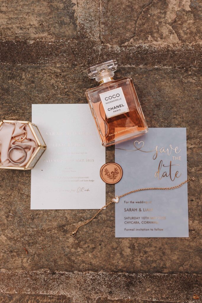 bridal flatlay at chycara wedding