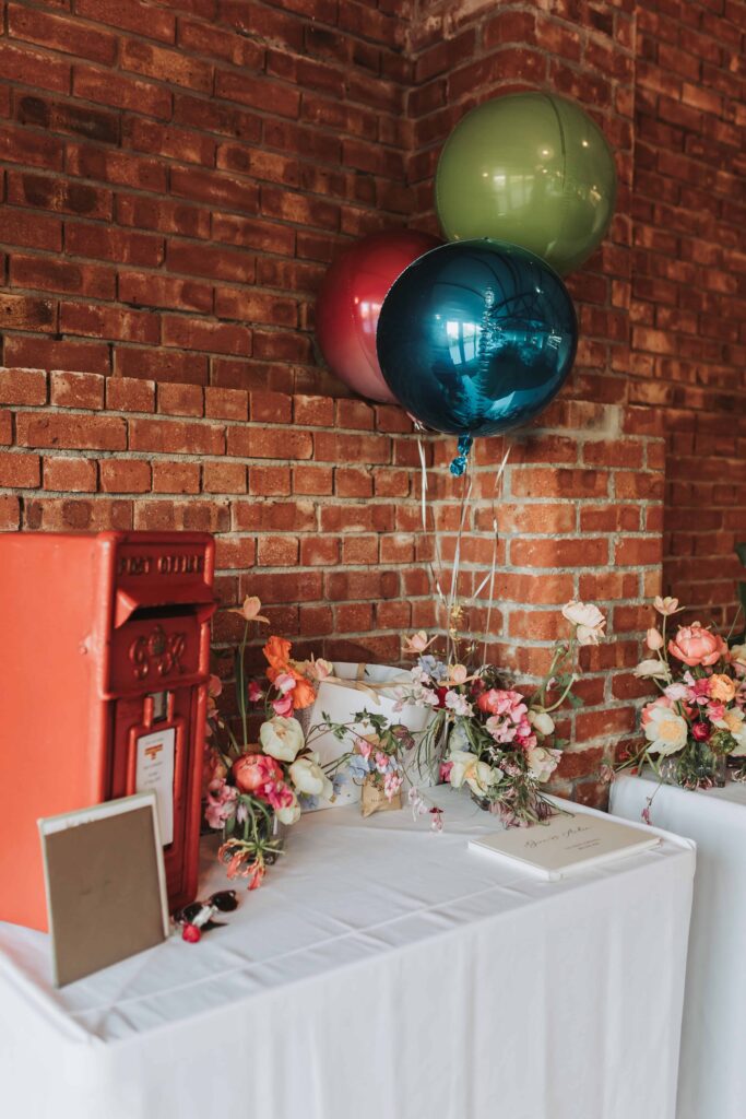 wedding postbox and flower table