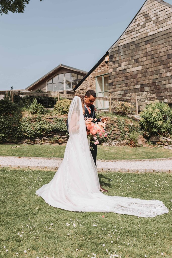 bride and groom after ceremony at the green cornwall