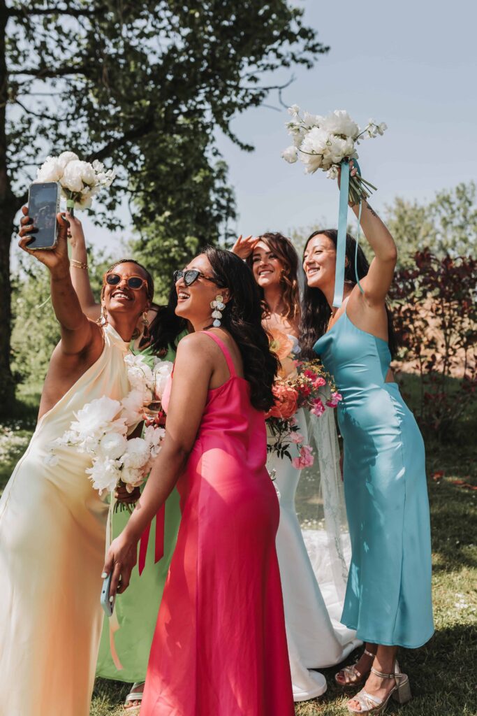 bridesmaids posing for selfie at the green cornwall