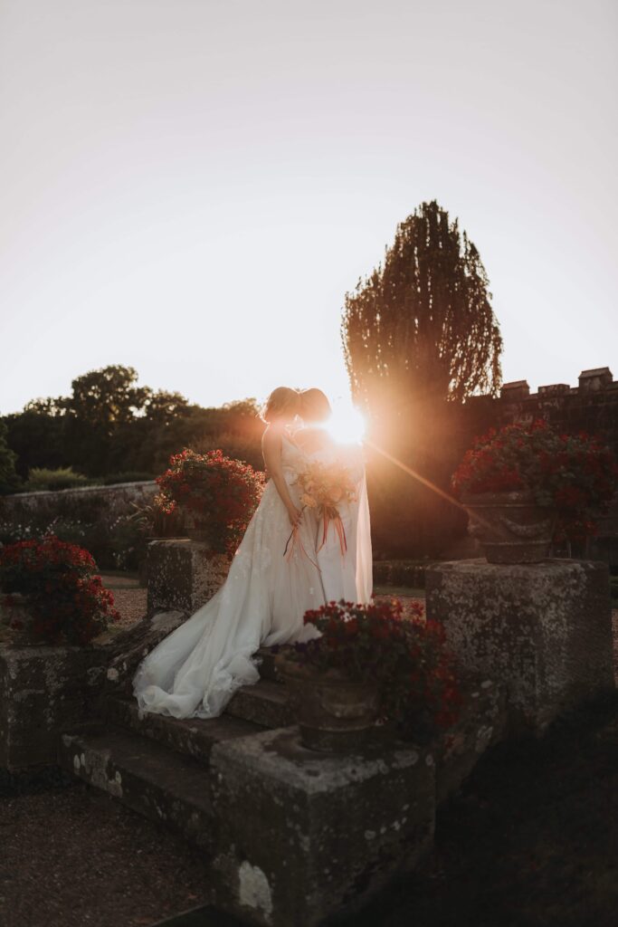 golden hour sunset with two brides