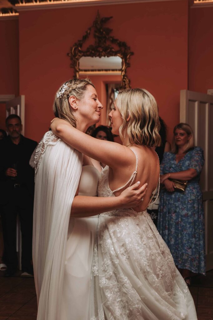 two brides first dance at wadhurst castle wedding