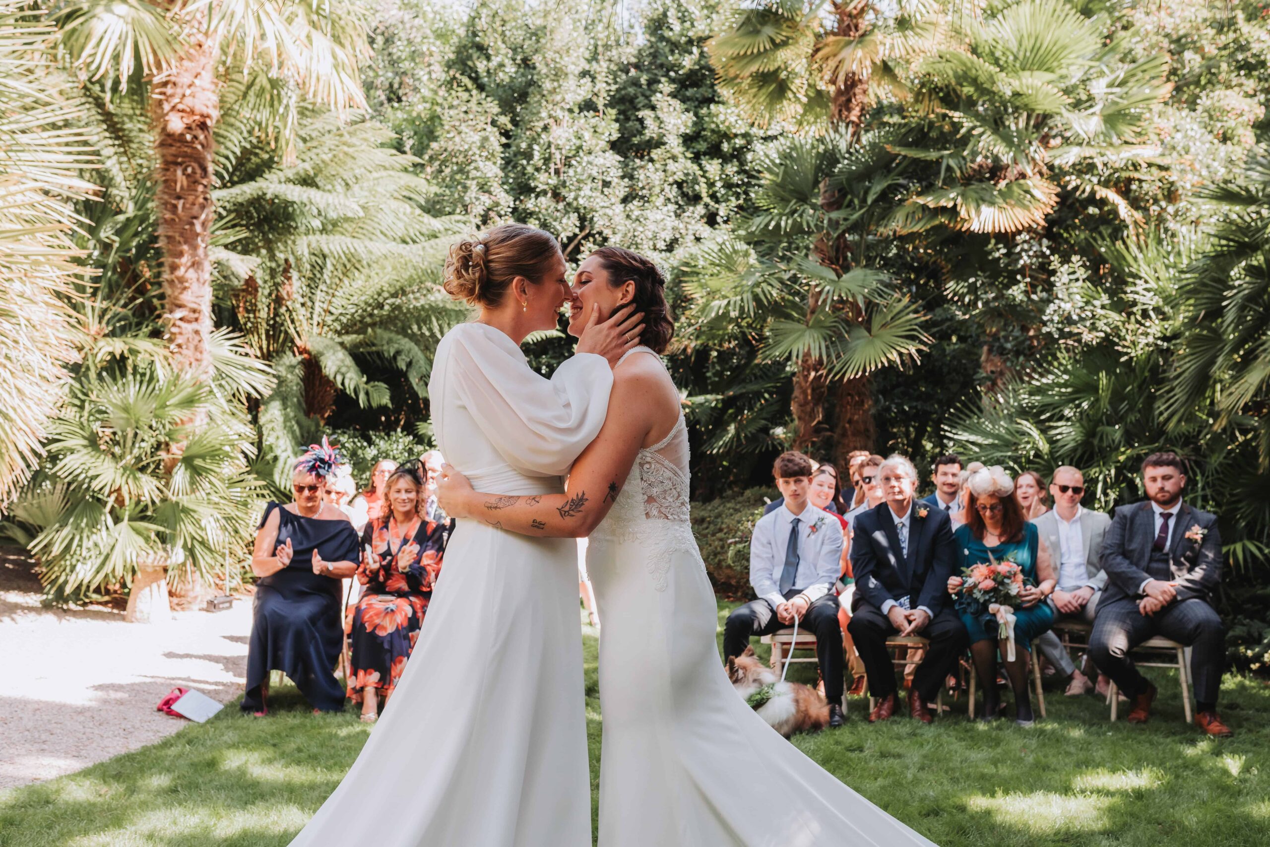 first kiss with two brides at cornwall lgbtq+ wedding