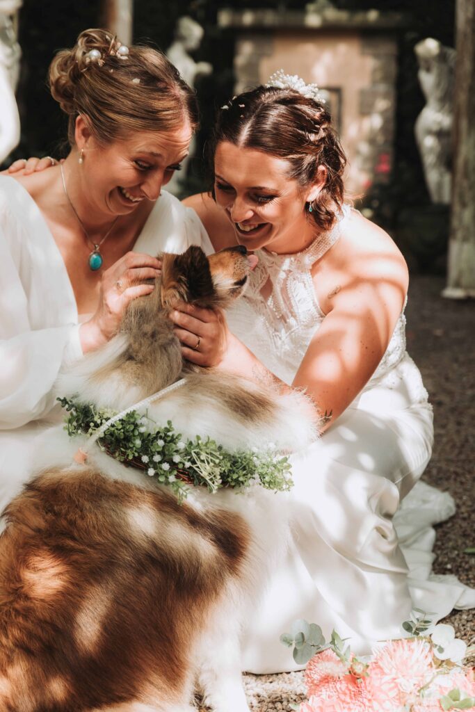 two brides stroking their dog at cornwall lgbtq+ wedding