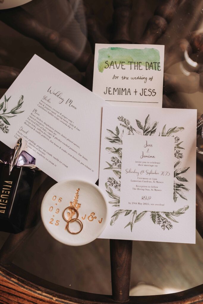 flat lay at cornwall lgbtq+ wedding