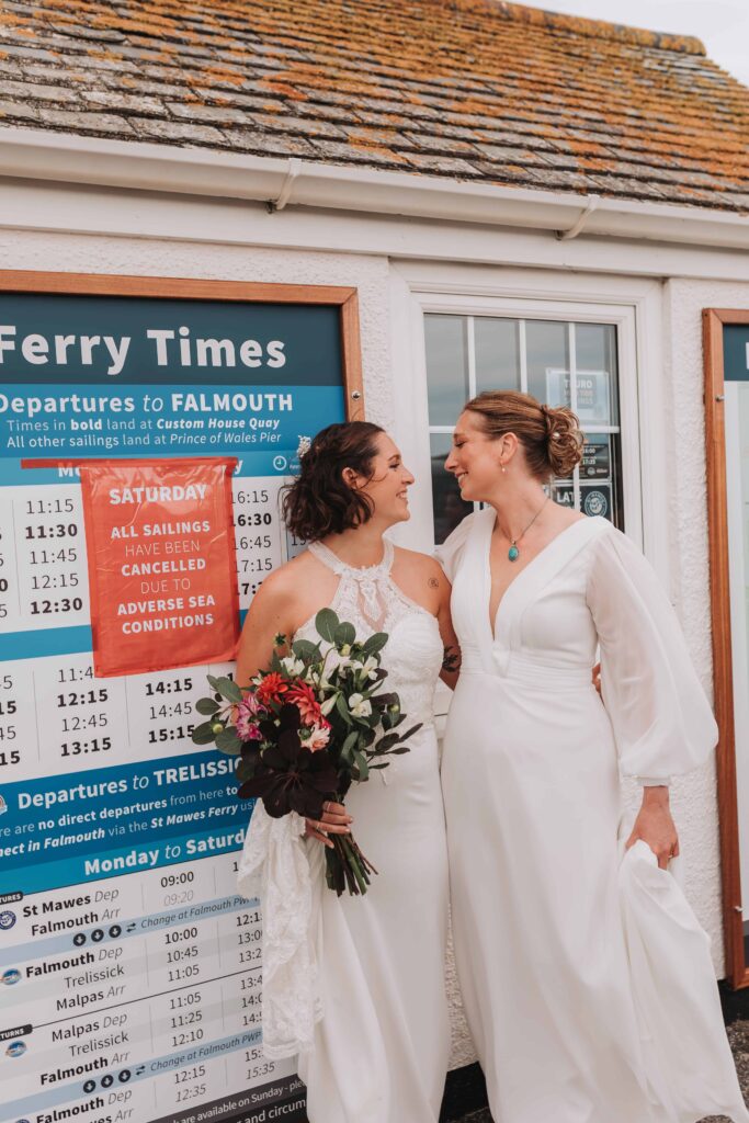 brides stood next to weather warning sign