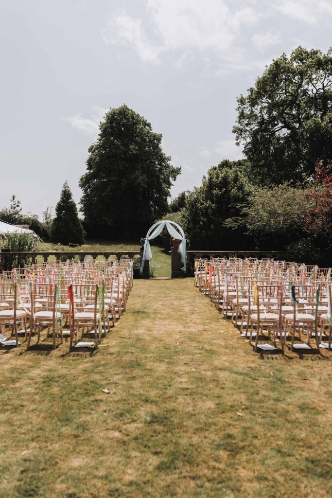 wedding ceremony set up at norfolk garden wedding