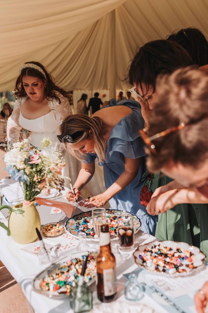 wedding guests building lego characters