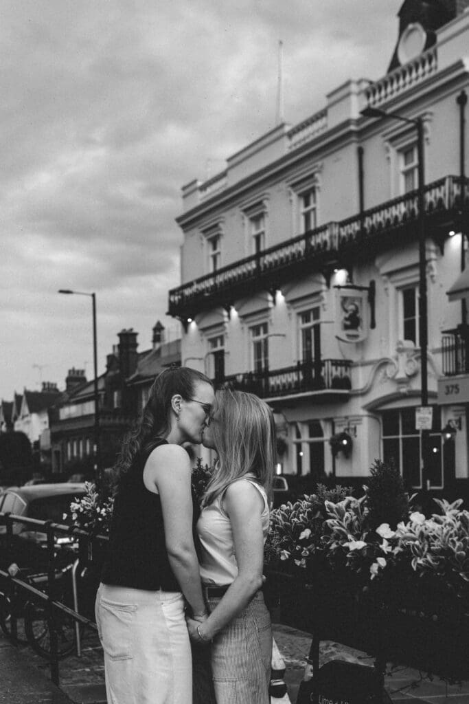 two brides kissing outside wandsworth town hall wedding