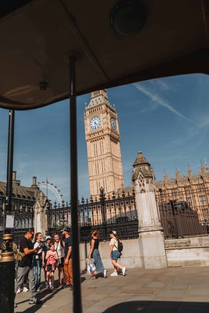 view of big ben from double decker bus on wedding day