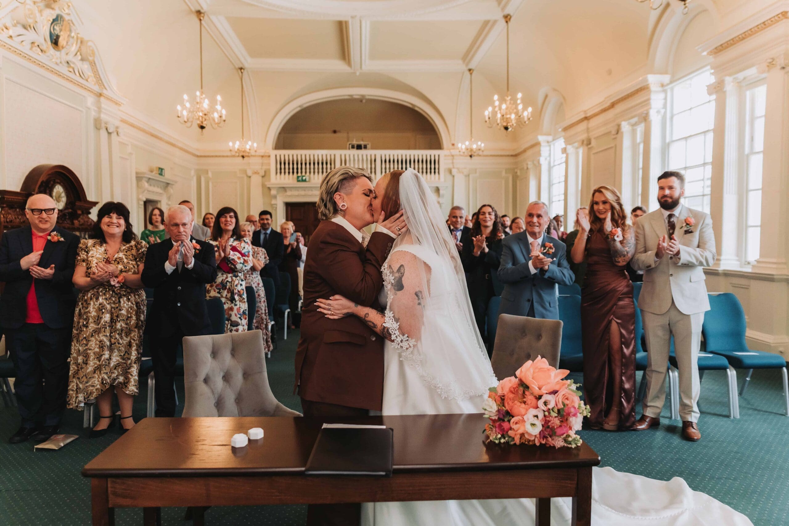 two brides first kiss at chelsea old town hall