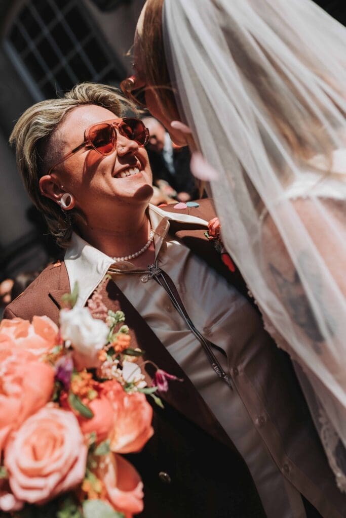 close up of brides face outside wedding at chelsea old town hall