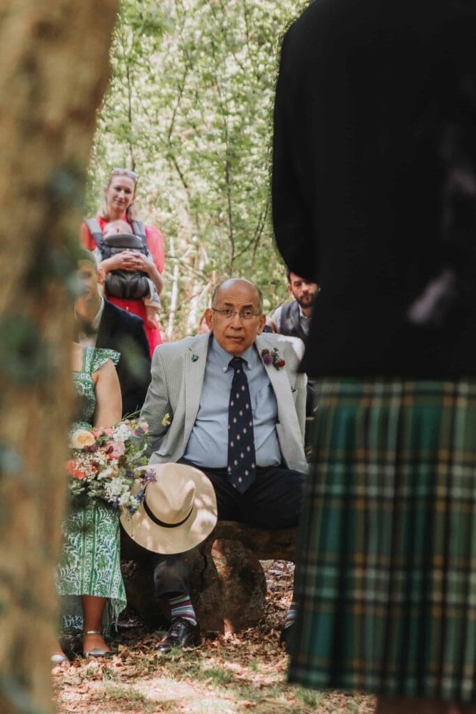 guest watching woodland wedding